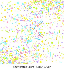 Sprinkles grainy. Cupcake donuts, dessert, sugar, bakery background. Sweet confetti on white chocolate glaze background. Vector Illustration sprinkles holiday designs, party, birthday, invitation.