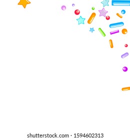 Sprinkles grainy. Cupcake donuts, dessert, sugar, bakery background. Sweet confetti on white chocolate glaze background. Vector Illustration sprinkles holiday designs, party, birthday, invitation.