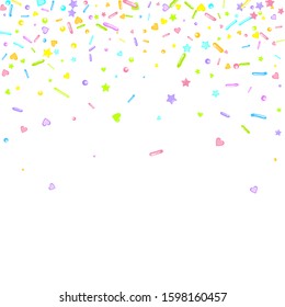 Sprinkles grainy. Cupcake donuts, dessert, sugar, bakery background. Sweet confetti on white chocolate glaze background. Vector Illustration sprinkles holiday designs, party, birthday, invitation.
