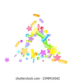 Sprinkles grainy. Cupcake donuts, dessert, sugar, bakery background. Sweet confetti on white chocolate glaze background. Vector Illustration sprinkles holiday designs, party, birthday, invitation.