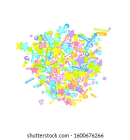 Sprinkles grainy. Cupcake donuts, dessert, sugar, bakery background. Sweet confetti on white chocolate glaze background. Vector Illustration sprinkles holiday designs, party, birthday, invitation.