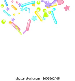 Sprinkles grainy. Cupcake donuts, dessert, sugar, bakery background. Sweet confetti on white chocolate glaze background. Vector Illustration sprinkles holiday designs, party, birthday, invitation.