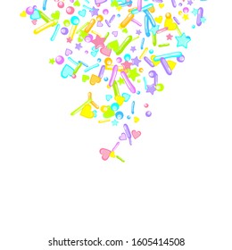 Sprinkles grainy. Cupcake donuts, dessert, sugar, bakery background. Sweet confetti on white chocolate glaze background. Vector Illustration sprinkles holiday designs, party, birthday, invitation.