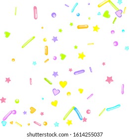 Sprinkles grainy. Cupcake donuts, dessert, sugar, bakery background. Sweet confetti on white chocolate glaze background. Vector Illustration sprinkles holiday designs, party, birthday, invitation.