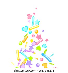 Sprinkles grainy. Cupcake donuts, dessert, sugar, bakery background. Sweet confetti on white chocolate glaze background. Vector Illustration sprinkles holiday designs, party, birthday, invitation.