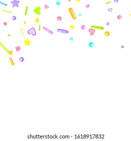 Sprinkles grainy. Cupcake donuts, dessert, sugar, bakery background. Sweet confetti on white chocolate glaze background. Vector Illustration sprinkles holiday designs, party, birthday, invitation.