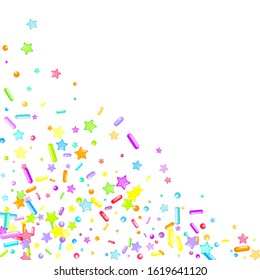 Sprinkles grainy. Cupcake donuts, dessert, sugar, bakery background. Sweet confetti on white chocolate glaze background. Vector Illustration sprinkles holiday designs, party, birthday, invitation.