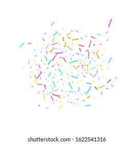 Sprinkles grainy. Cupcake donuts, dessert, sugar, bakery background. Sweet confetti on white chocolate glaze background. Vector Illustration sprinkles holiday designs, party, birthday, invitation.