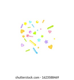 Sprinkles grainy. Cupcake donuts, dessert, sugar, bakery background. Sweet confetti on white chocolate glaze background. Vector Illustration sprinkles holiday designs, party, birthday, invitation.