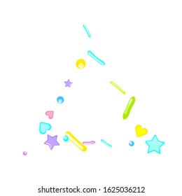 Sprinkles grainy. Cupcake donuts, dessert, sugar, bakery background. Sweet confetti on white chocolate glaze background. Vector Illustration sprinkles holiday designs, party, birthday, invitation.