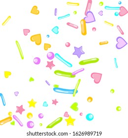 Sprinkles grainy. Cupcake donuts, dessert, sugar, bakery background. Sweet confetti on white chocolate glaze background. Vector Illustration sprinkles holiday designs, party, birthday, invitation.