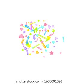 Sprinkles grainy. Cupcake donuts, dessert, sugar, bakery background. Sweet confetti on white chocolate glaze background. Vector Illustration sprinkles holiday designs, party, birthday, invitation.
