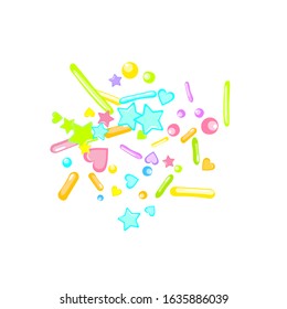 Sprinkles grainy. Cupcake donuts, dessert, sugar, bakery background. Sweet confetti on white chocolate glaze background. Vector Illustration sprinkles holiday designs, party, birthday, invitation.