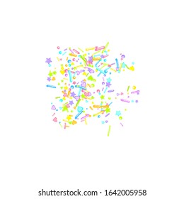 Sprinkles grainy. Cupcake donuts, dessert, sugar, bakery background. Sweet confetti on white chocolate glaze background. Vector Illustration sprinkles holiday designs, party, birthday, invitation.