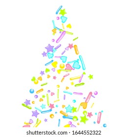 Sprinkles grainy. Cupcake donuts, dessert, sugar, bakery background. Sweet confetti on white chocolate glaze background. Vector Illustration sprinkles holiday designs, party, birthday, invitation.