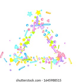 Sprinkles grainy. Cupcake donuts, dessert, sugar, bakery background. Sweet confetti on white chocolate glaze background. Vector Illustration sprinkles holiday designs, party, birthday, invitation.