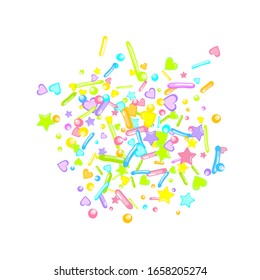 Sprinkles grainy. Cupcake donuts, dessert, sugar, bakery background. Sweet confetti on white chocolate glaze background. Vector Illustration sprinkles holiday designs, party, birthday, invitation.