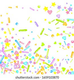 Sprinkles grainy. Cupcake donuts, dessert, sugar, bakery background. Sweet confetti on white chocolate glaze background. Vector Illustration sprinkles holiday designs, party, birthday, invitation.