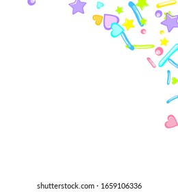 Sprinkles grainy. Cupcake donuts, dessert, sugar, bakery background. Sweet confetti on white chocolate glaze background. Vector Illustration sprinkles holiday designs, party, birthday, invitation.
