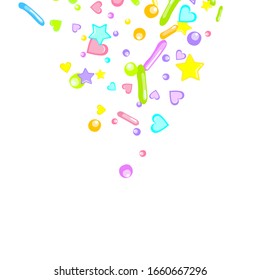 Sprinkles grainy. Cupcake donuts, dessert, sugar, bakery background. Sweet confetti on white chocolate glaze background. Vector Illustration sprinkles holiday designs, party, birthday, invitation.