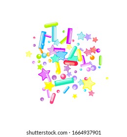 Sprinkles grainy. Cupcake donuts, dessert, sugar, bakery background. Sweet confetti on white chocolate glaze background. Vector Illustration sprinkles holiday designs, party, birthday, invitation.
