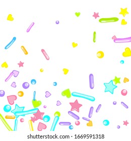 Sprinkles grainy. Cupcake donuts, dessert, sugar, bakery background. Sweet confetti on white chocolate glaze background. Vector Illustration sprinkles holiday designs, party, birthday, invitation.