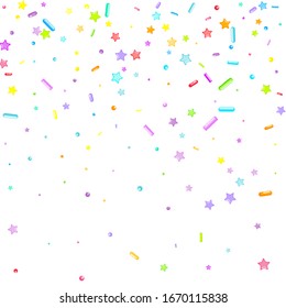 Sprinkles grainy. Cupcake donuts, dessert, sugar, bakery background. Sweet confetti on white chocolate glaze background. Vector Illustration sprinkles holiday designs, party, birthday, invitation.