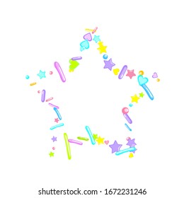 Sprinkles grainy. Cupcake donuts, dessert, sugar, bakery background. Sweet confetti on white chocolate glaze background. Vector Illustration sprinkles holiday designs, party, birthday, invitation.