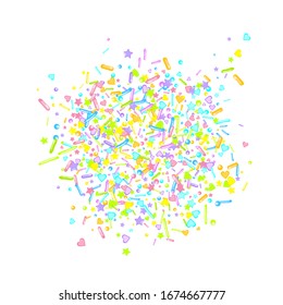 Sprinkles grainy. Cupcake donuts, dessert, sugar, bakery background. Sweet confetti on white chocolate glaze background. Vector Illustration sprinkles holiday designs, party, birthday, invitation.