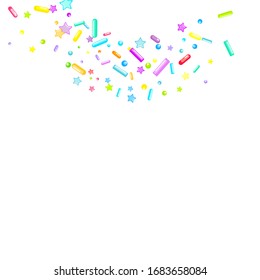 Sprinkles grainy. Cupcake donuts, dessert, sugar, bakery background. Sweet confetti on white chocolate glaze background. Vector Illustration sprinkles holiday designs, party, birthday, invitation.