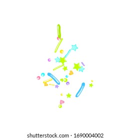 Sprinkles grainy. Cupcake donuts, dessert, sugar, bakery background. Sweet confetti on white chocolate glaze background. Vector Illustration sprinkles holiday designs, party, birthday, invitation.