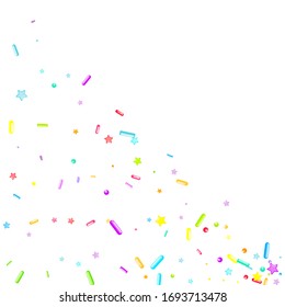 Sprinkles grainy. Cupcake donuts, dessert, sugar, bakery background. Sweet confetti on white chocolate glaze background. Vector Illustration sprinkles holiday designs, party, birthday, invitation.
