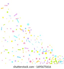 Sprinkles grainy. Cupcake donuts, dessert, sugar, bakery background. Sweet confetti on white chocolate glaze background. Vector Illustration sprinkles holiday designs, party, birthday, invitation.