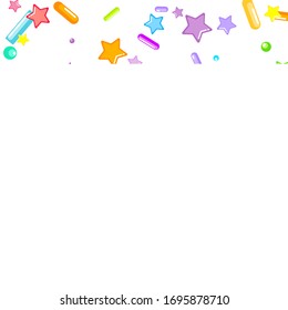 Sprinkles grainy. Cupcake donuts, dessert, sugar, bakery background. Sweet confetti on white chocolate glaze background. Vector Illustration sprinkles holiday designs, party, birthday, invitation.