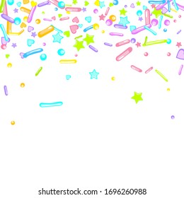 Sprinkles grainy. Cupcake donuts, dessert, sugar, bakery background. Sweet confetti on white chocolate glaze background. Vector Illustration sprinkles holiday designs, party, birthday, invitation.