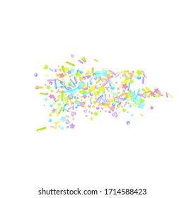 Sprinkles grainy. Cupcake donuts, dessert, sugar, bakery background. Sweet confetti on white chocolate glaze background. Vector Illustration sprinkles holiday designs, party, birthday, invitation.