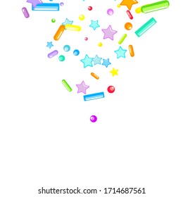 Sprinkles grainy. Cupcake donuts, dessert, sugar, bakery background. Sweet confetti on white chocolate glaze background. Vector Illustration sprinkles holiday designs, party, birthday, invitation.