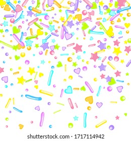 Sprinkles grainy. Cupcake donuts, dessert, sugar, bakery background. Sweet confetti on white chocolate glaze background. Vector Illustration sprinkles holiday designs, party, birthday, invitation.