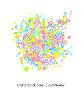 Sprinkles grainy. Cupcake donuts, dessert, sugar, bakery background. Sweet confetti on white chocolate glaze background. Vector Illustration sprinkles holiday designs, party, birthday, invitation.
