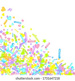 Sprinkles grainy. Cupcake donuts, dessert, sugar, bakery background. Sweet confetti on white chocolate glaze background. Vector Illustration sprinkles holiday designs, party, birthday, invitation.