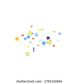 Sprinkles grainy. Cupcake donuts, dessert, sugar, bakery background. Sweet confetti on white chocolate glaze background. Vector Illustration sprinkles holiday designs, party, birthday, invitation.