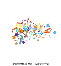 Sprinkles grainy. Cupcake donuts, dessert, sugar, bakery background. Sweet confetti on white chocolate glaze background. Vector Illustration sprinkles holiday designs, party, birthday, invitation.