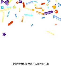 Sprinkles grainy. Cupcake donuts, dessert, sugar, bakery background. Sweet confetti on white chocolate glaze background. Vector Illustration sprinkles holiday designs, party, birthday, invitation.