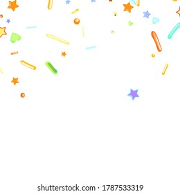 Sprinkles grainy. Cupcake donuts, dessert, sugar, bakery background. Sweet confetti on white chocolate glaze background. Vector Illustration sprinkles holiday designs, party, birthday, invitation.
