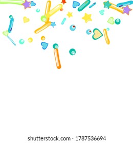 Sprinkles grainy. Cupcake donuts, dessert, sugar, bakery background. Sweet confetti on white chocolate glaze background. Vector Illustration sprinkles holiday designs, party, birthday, invitation.