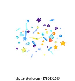 Sprinkles grainy. Cupcake donuts, dessert, sugar, bakery background. Sweet confetti on white chocolate glaze background. Vector Illustration sprinkles holiday designs, party, birthday, invitation.