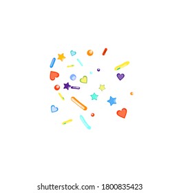 Sprinkles grainy. Cupcake donuts, dessert, sugar, bakery background. Sweet confetti on white chocolate glaze background. Vector Illustration sprinkles holiday designs, party, birthday, invitation.