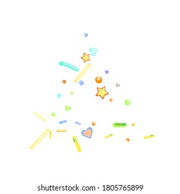 Sprinkles grainy. Cupcake donuts, dessert, sugar, bakery background. Sweet confetti on white chocolate glaze background. Vector Illustration sprinkles holiday designs, party, birthday, invitation.