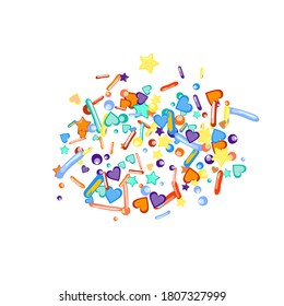 Sprinkles grainy. Cupcake donuts, dessert, sugar, bakery background. Sweet confetti on white chocolate glaze background. Vector Illustration sprinkles holiday designs, party, birthday, invitation.