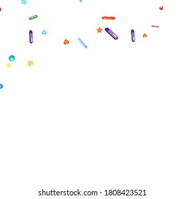 Sprinkles grainy. Cupcake donuts, dessert, sugar, bakery background. Sweet confetti on white chocolate glaze background. Vector Illustration sprinkles holiday designs, party, birthday, invitation.